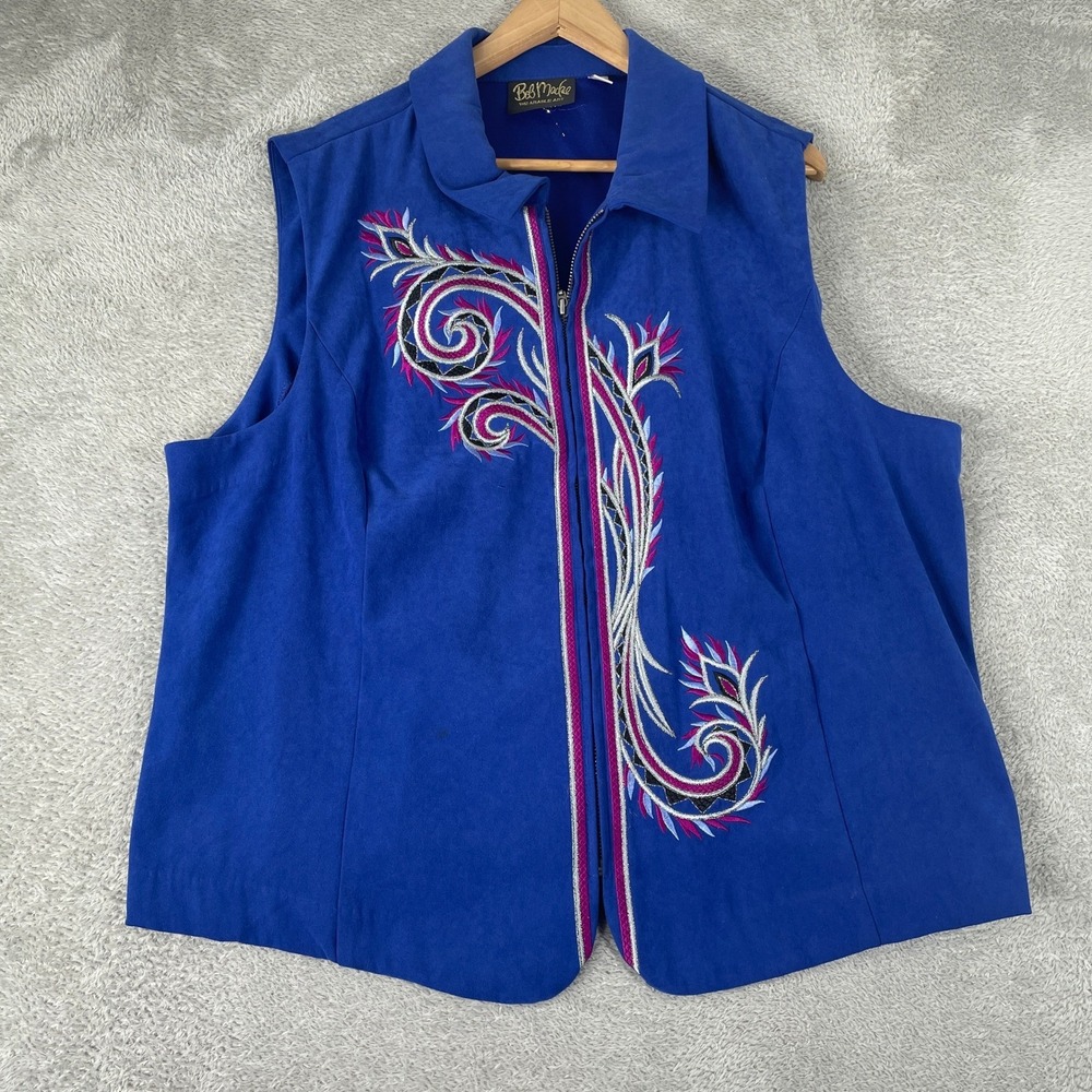 Bob Mackie Wearable Art Vest Womens 2X Blue Embroidered Faux Suede Cinch Back